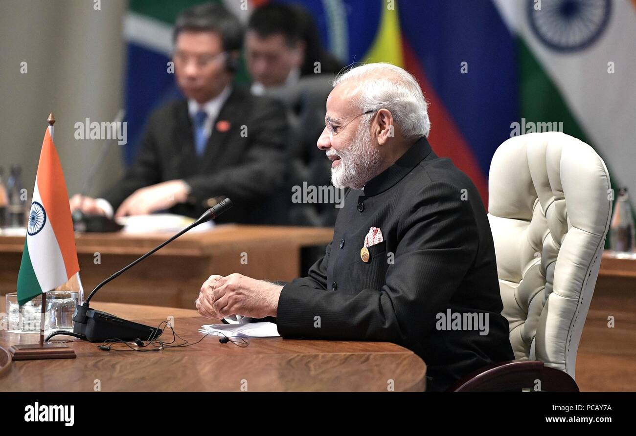 Indische Ministerpräsident Narendra Modi während des ersten Tages der BRICS-Gipfel 26. Juli 2018 in Johannesburg, Südafrika. Stockfoto