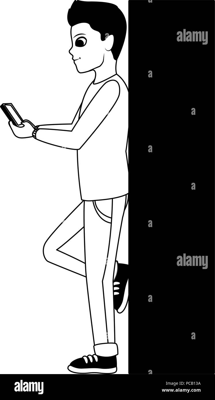 Mann lag an der Wand und Sie ihr Smartphone in Schwarz und Weiß Stock Vektor