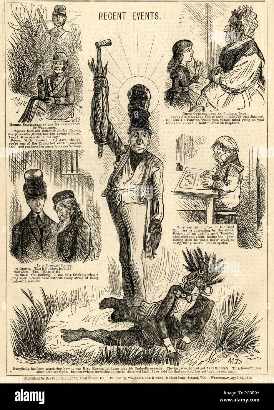 398 Marie Duval, Slopers Verbündeter: "die Jüngsten Ereignisse" (Judy, 22. April 1874) Stockfoto