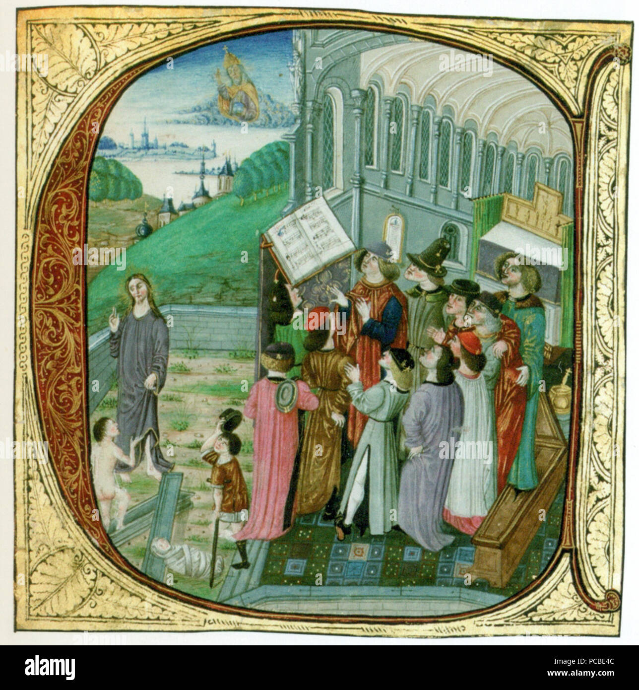 560 Sängerinnen und Sänger mit Kerben, erste C aus dem Codex Mátyás-Graduale Stockfoto