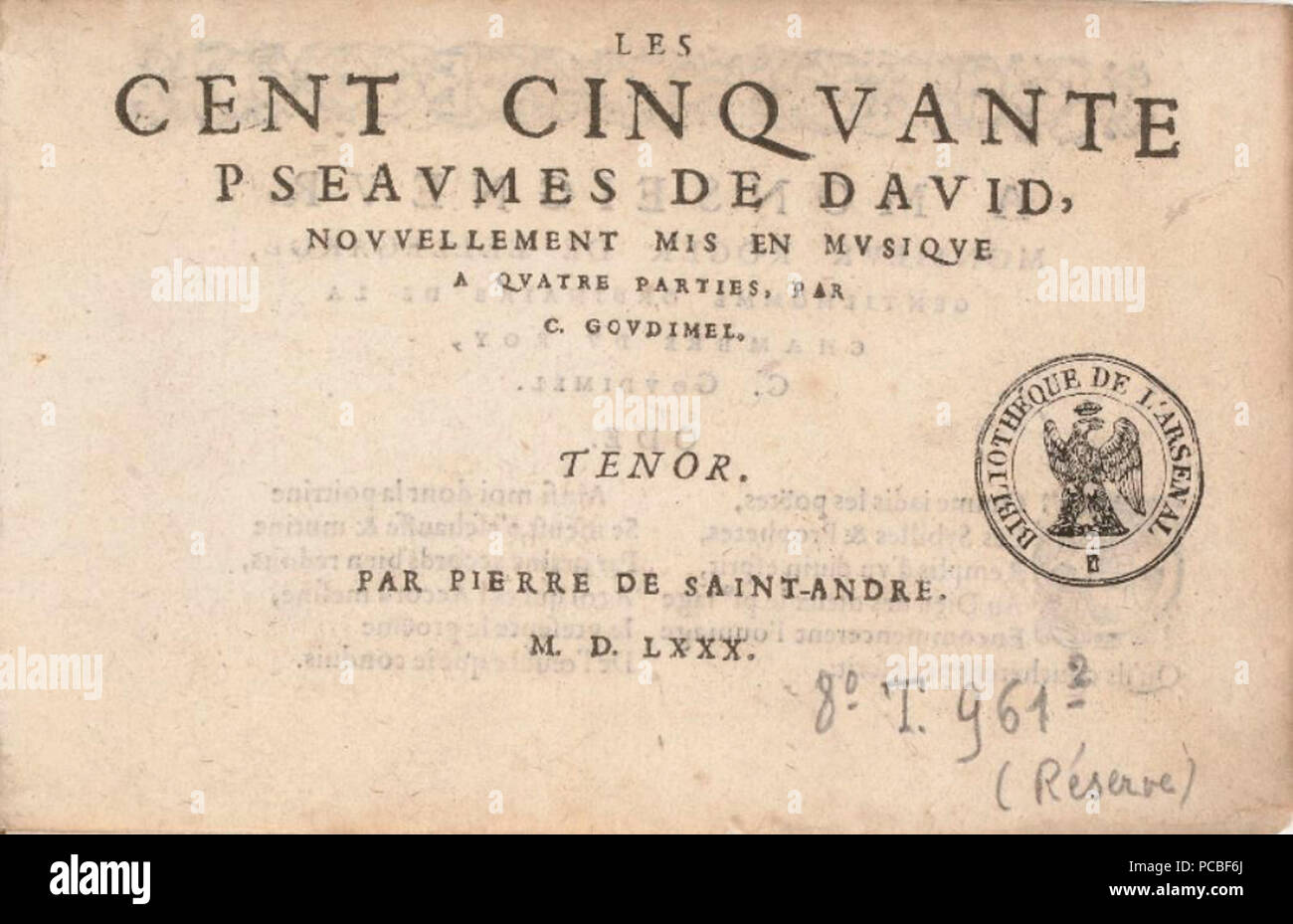 251 Goudimel - Psaumes 4v 1580 St André Stockfoto