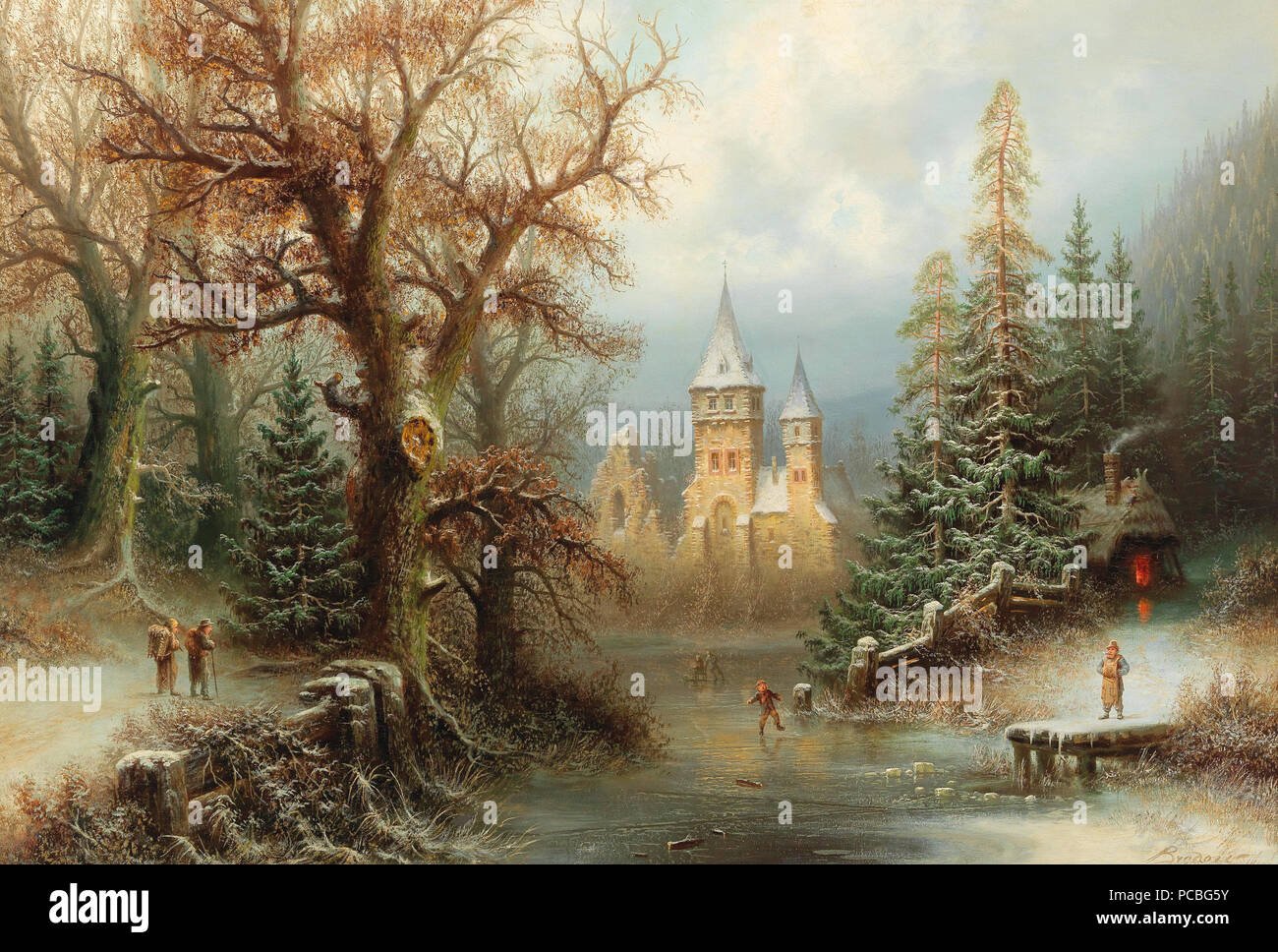 5 Albert Bredow-romantische Winterlandschaft mit Eisläufer von einer Burg Stockfoto