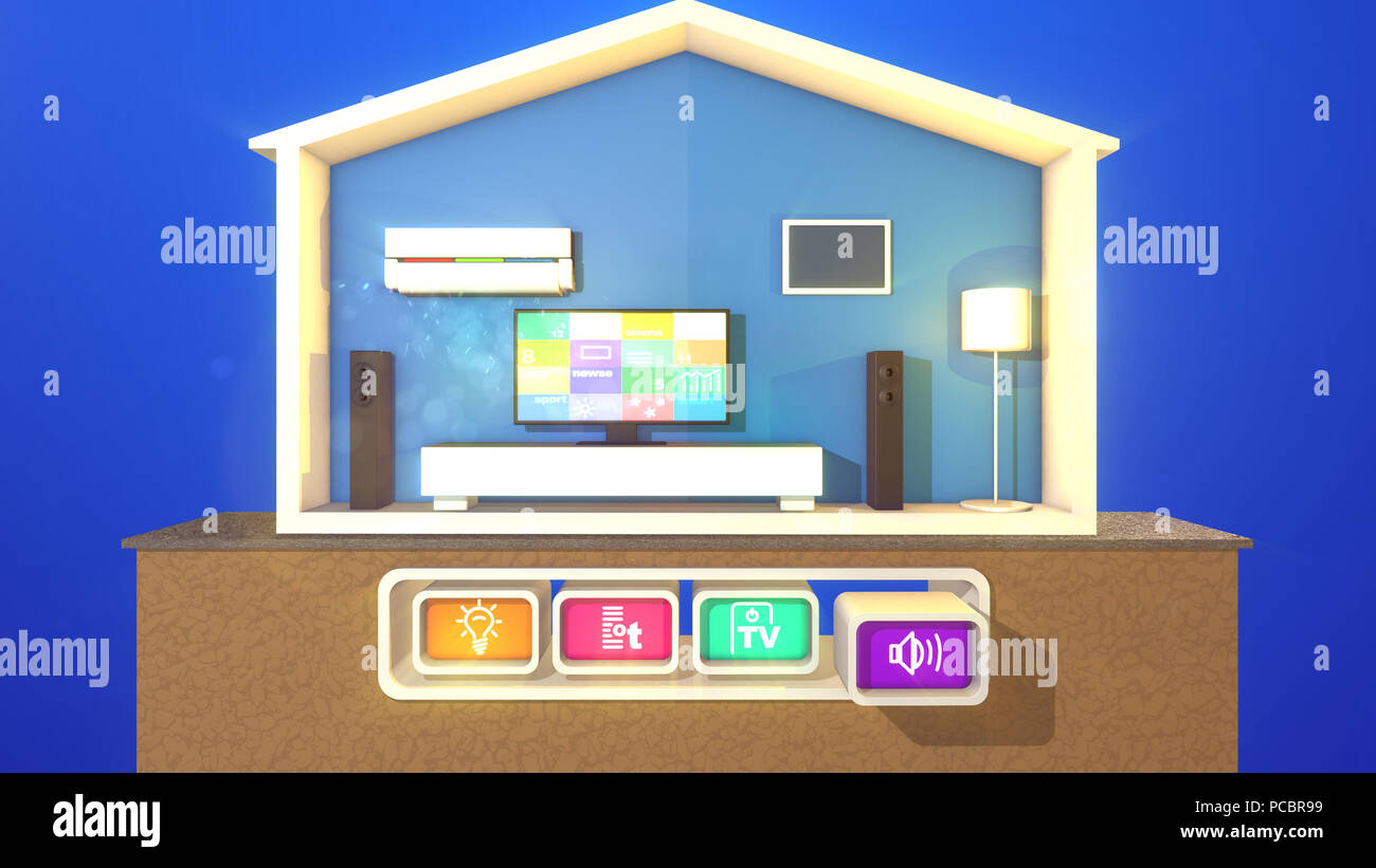 Ein gutes 3D-Abbildung eines symmetrischen smart home mit drei Tasten gedrückt, leuchtet eine Stehleuchte verbunden, schwarz TV plasma- und eine Klimaanlage. Stockfoto