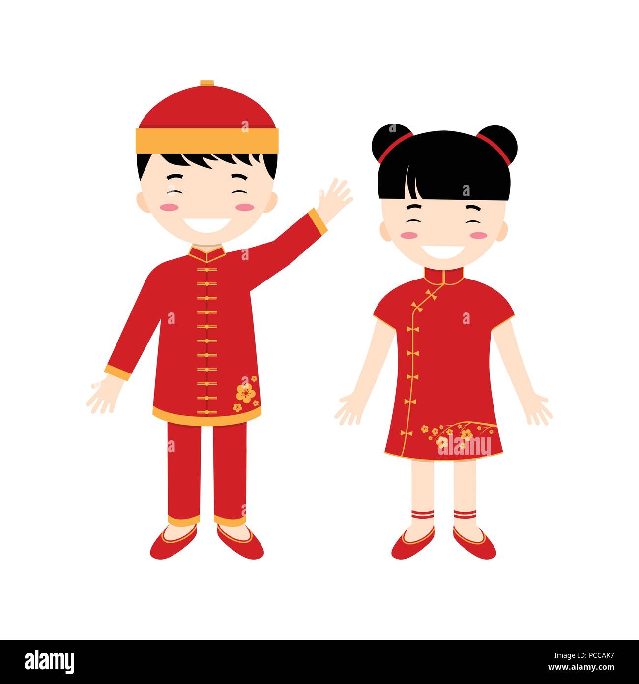 Chinesische Kinder - Jungen und Mädchen auf weißem Hintergrund. Vector Illustration. Stock Vektor