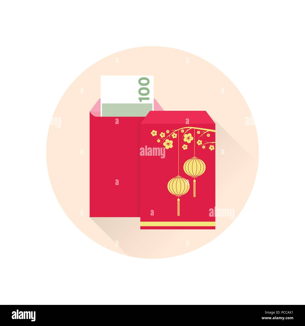 Das chinesische Neujahr roten Umschlag Flachbild-Symbol. Vector Illustration. Rote Paket mit gold Laternen. Das chinesische Neujahr Design Elemente. Stock Vektor