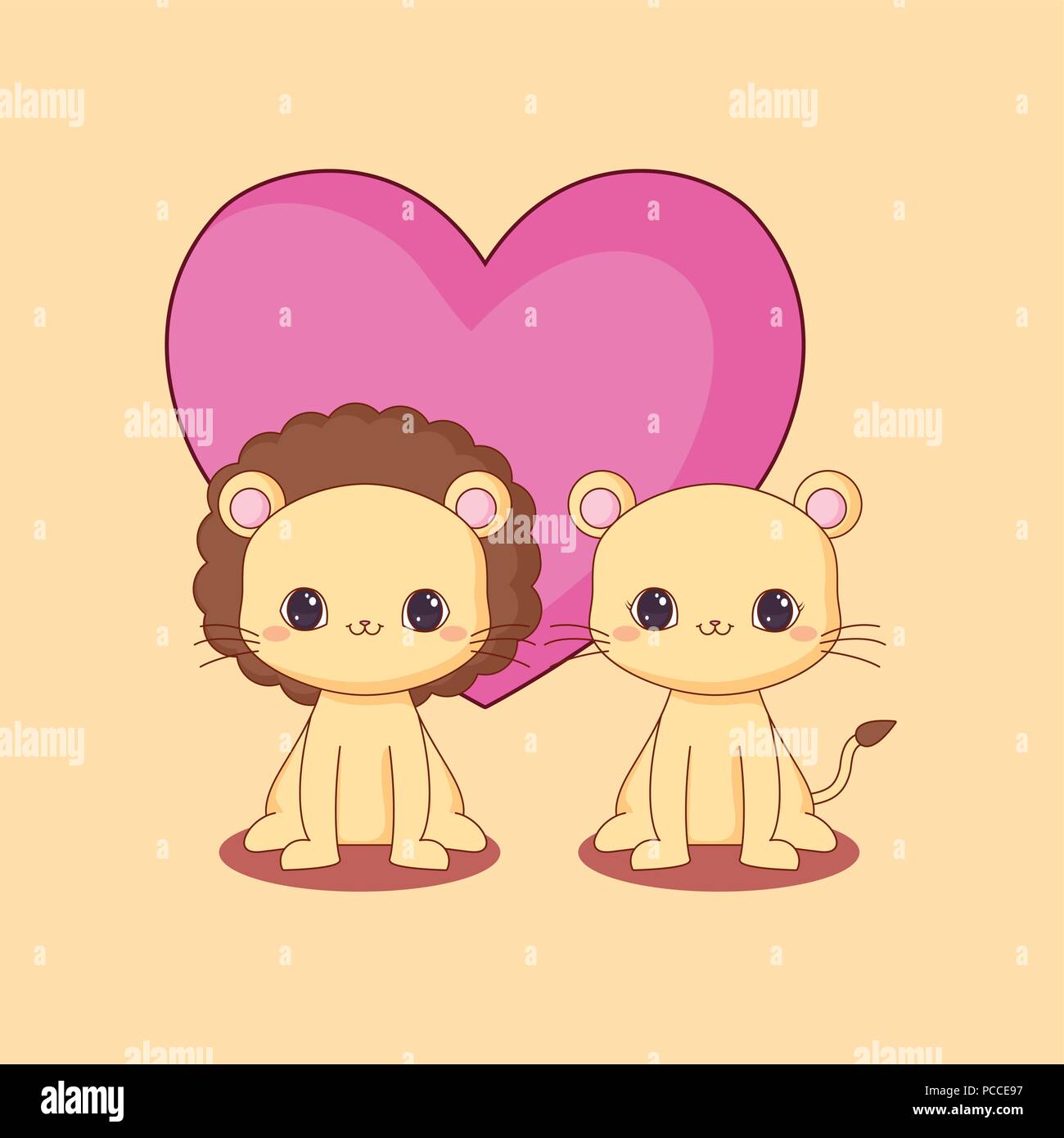 Kawaii Löwe, Löwin mit Herz Symbol auf gelbem Hintergrund, farbenfrohen Design. Vector Illustration Stock Vektor