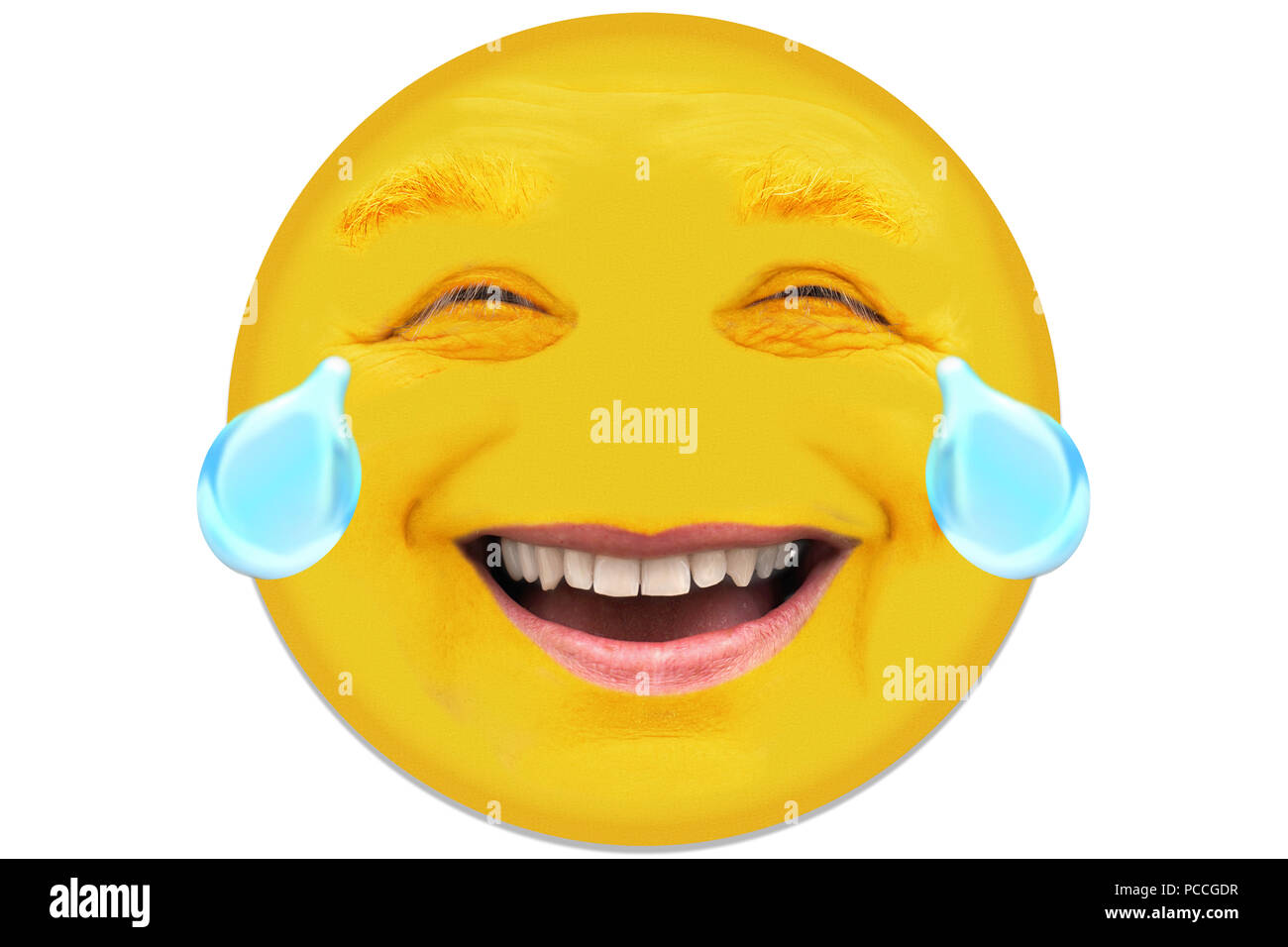 Ein Mann in seiner Mitte 40 lacht. Die gesichtszüge haben eine Menge Mimik. Tränen der Freude aus den Augen. Das Gesicht ist rund ausgeschnitten und Stockfoto