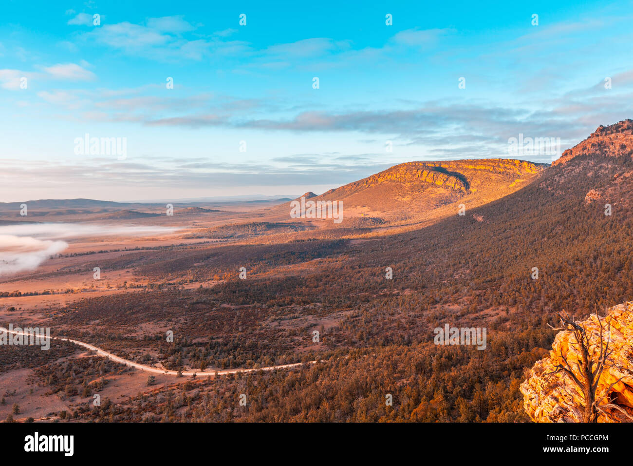 Die malerische Landschaft von Jarvis Hill Aussichtspunkt bei Sonnenaufgang gesehen. Hawker, South Australia Stockfoto