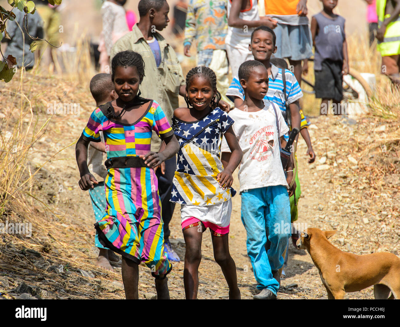 TECHIMAN, GHANA - Jan 15, 2017: Unbekannter ghanaische Kinder mit einem Hund in einem Dorf. Ghana Menschen leiden unter der Armut wegen der schlechten Konjunktur Stockfoto