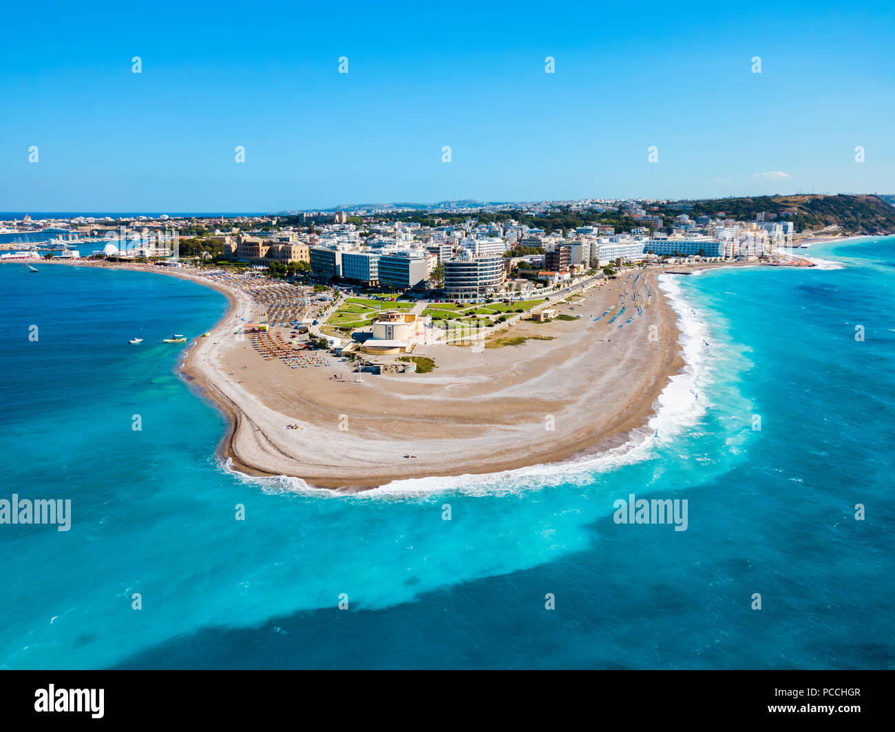Rhodos Stadt Strand Antenne Panoramaaussicht auf der Insel Rhodos in Griechenland Stockfoto