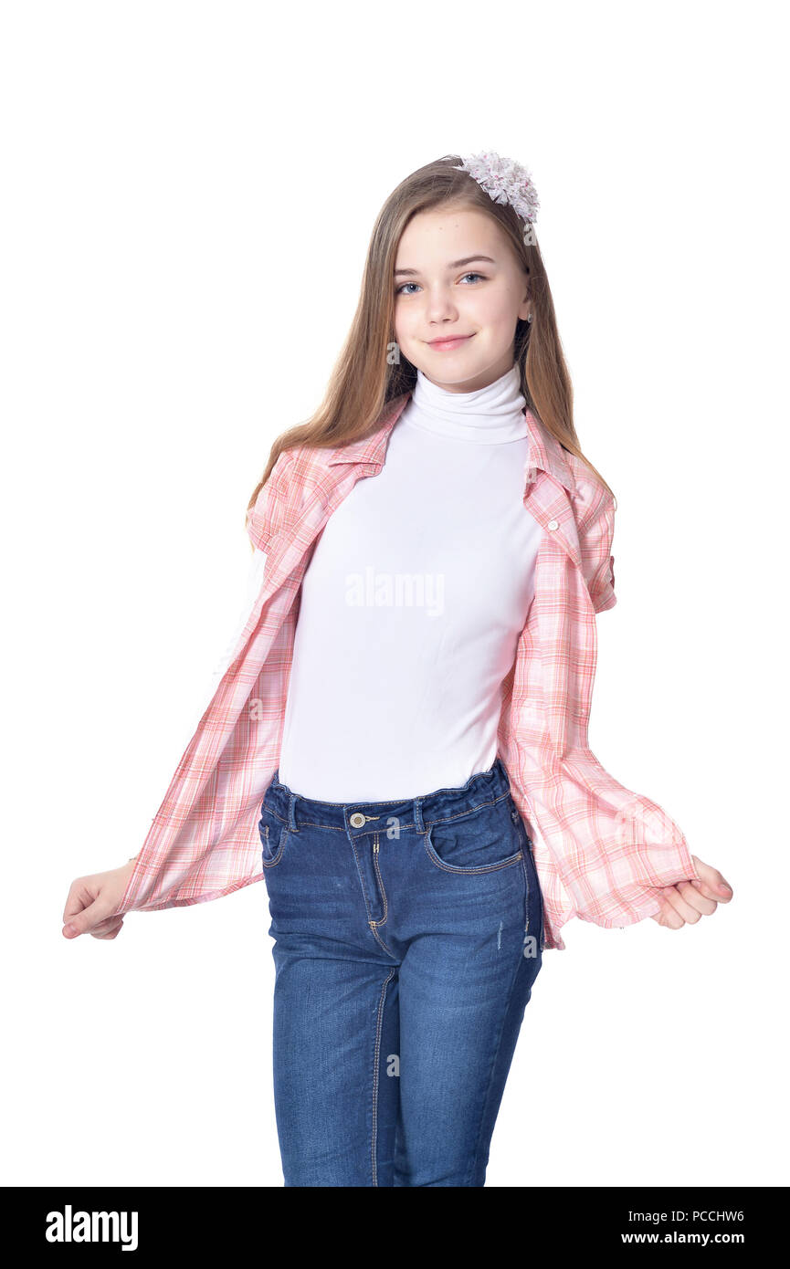 Happy kleines Mädchen in Freizeitkleidung posing Stockfoto