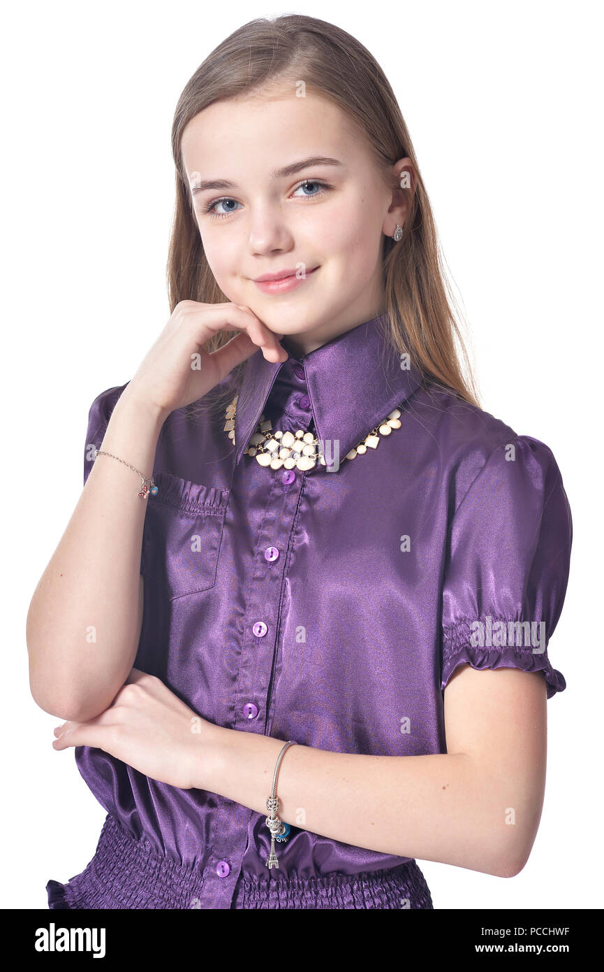 Gerne jugendlich Mädchen in lila Bluse posing Stockfotografie - Alamy