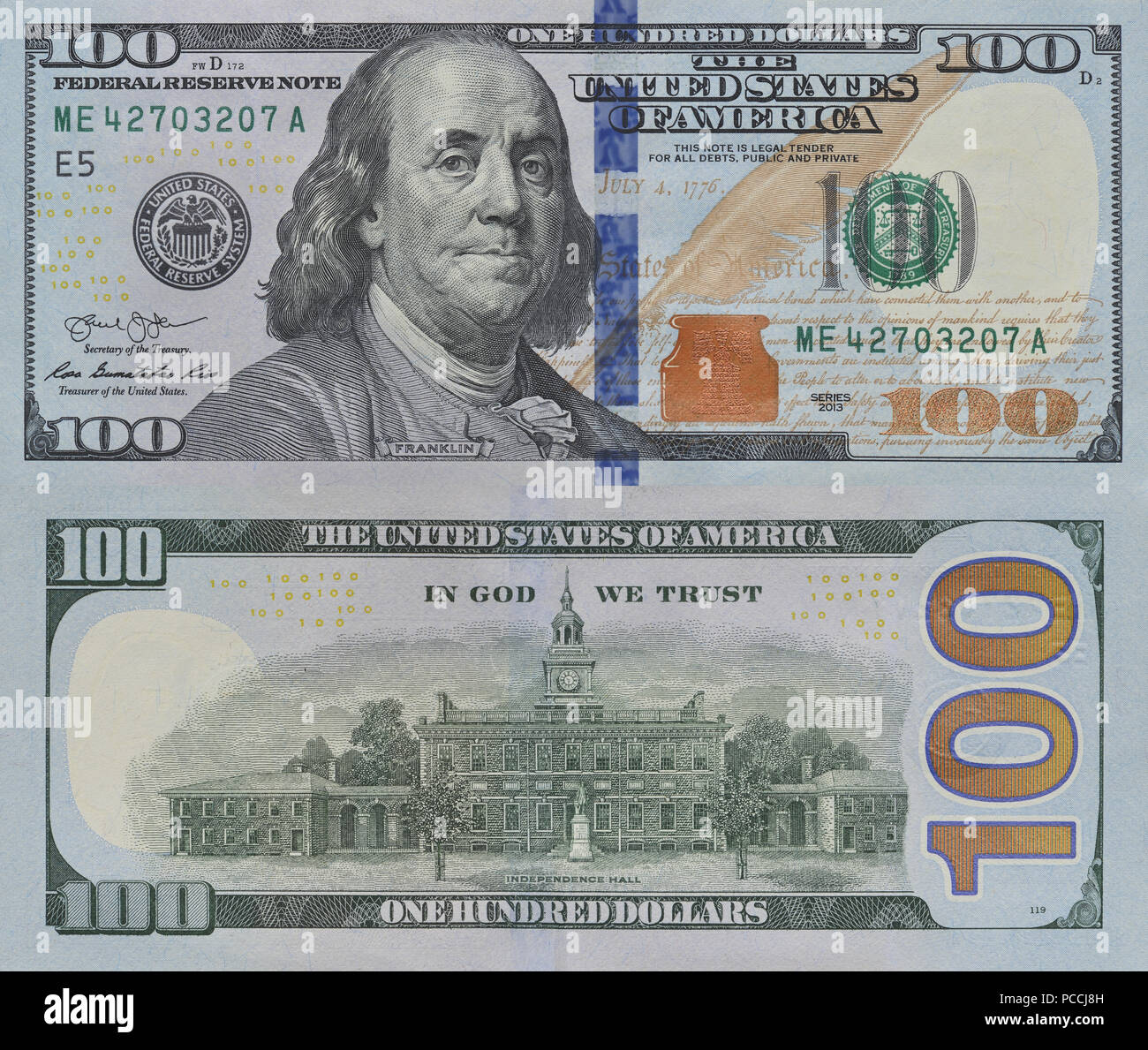 Bild des neuen Hundert Dollar Bill vorn und hinten Für illustrative nur verwenden. Konzept der Wirtschaft und die amerikanische Währung. Stockfoto