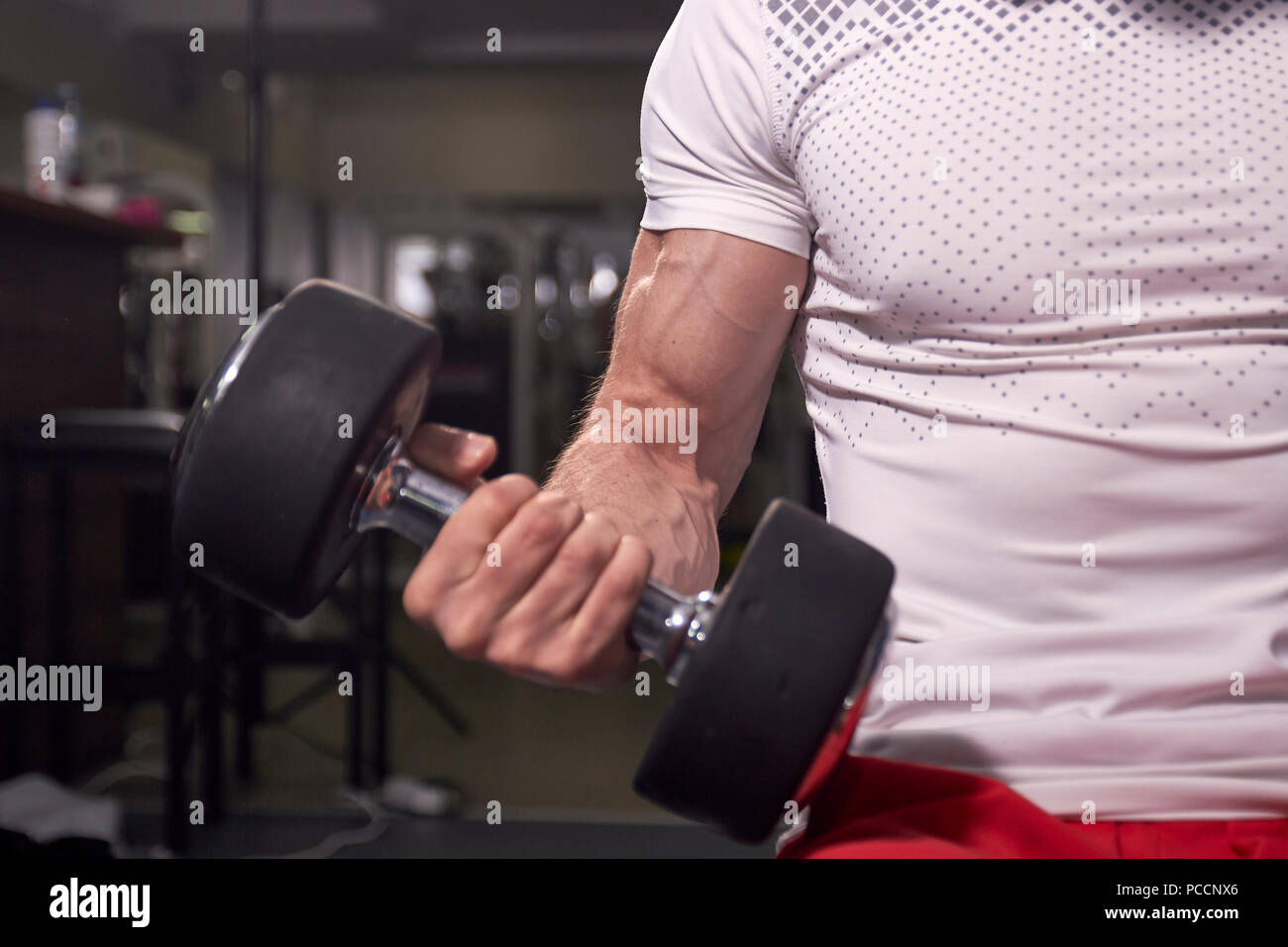 Nahaufnahme der muskulöse starken Arm, Bizeps Muskeln, ein Mann mit Hantel. Stockfoto