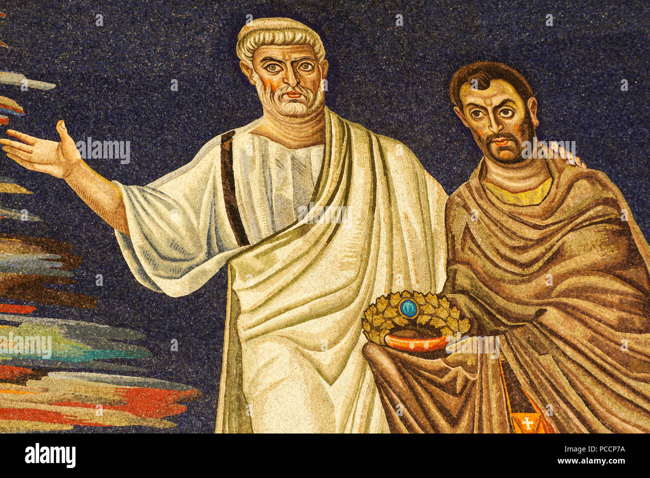 St. Peter, St. Cosmas - Detail des 6. Jahrhunderts Apsis Mosaik (530AC), Meisterwerk der frühen christlichen Kunst, Basilika SS Cosma e Damiano Stockfoto