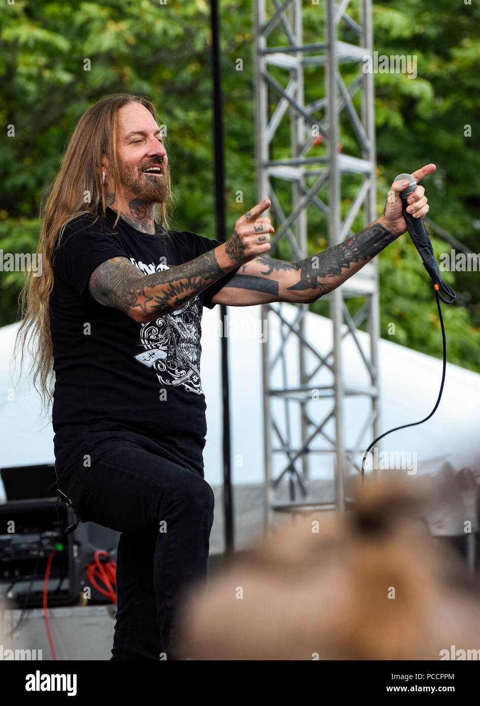 Mansfield, Ohio, 15. Juli 2008. Dez Fafara Sänger der Band Devildriver auf der Bühne Inkarceration Fest 2018. Credit: Ken Howard/Alamy Stockfoto