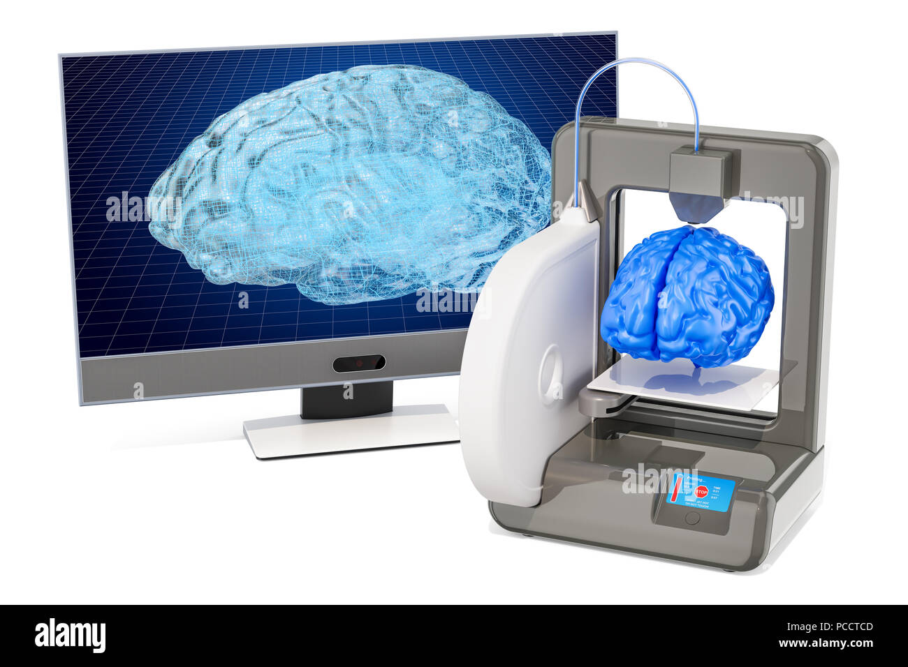 3d-Drucker mit dem menschlichen Gehirn, 3D-Rendering auf weißem Hintergrund Stockfoto
