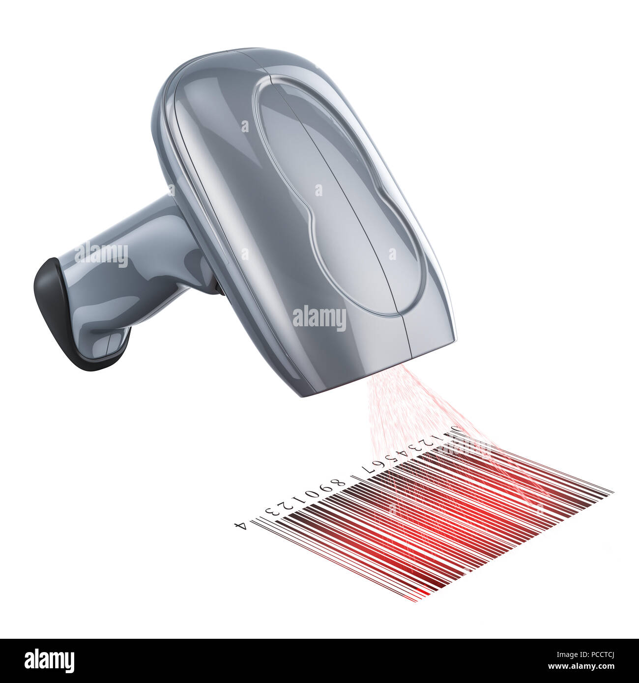 Barcode Scannen von Barcode, 3D-Rendering auf weißem Hintergrund Stockfoto