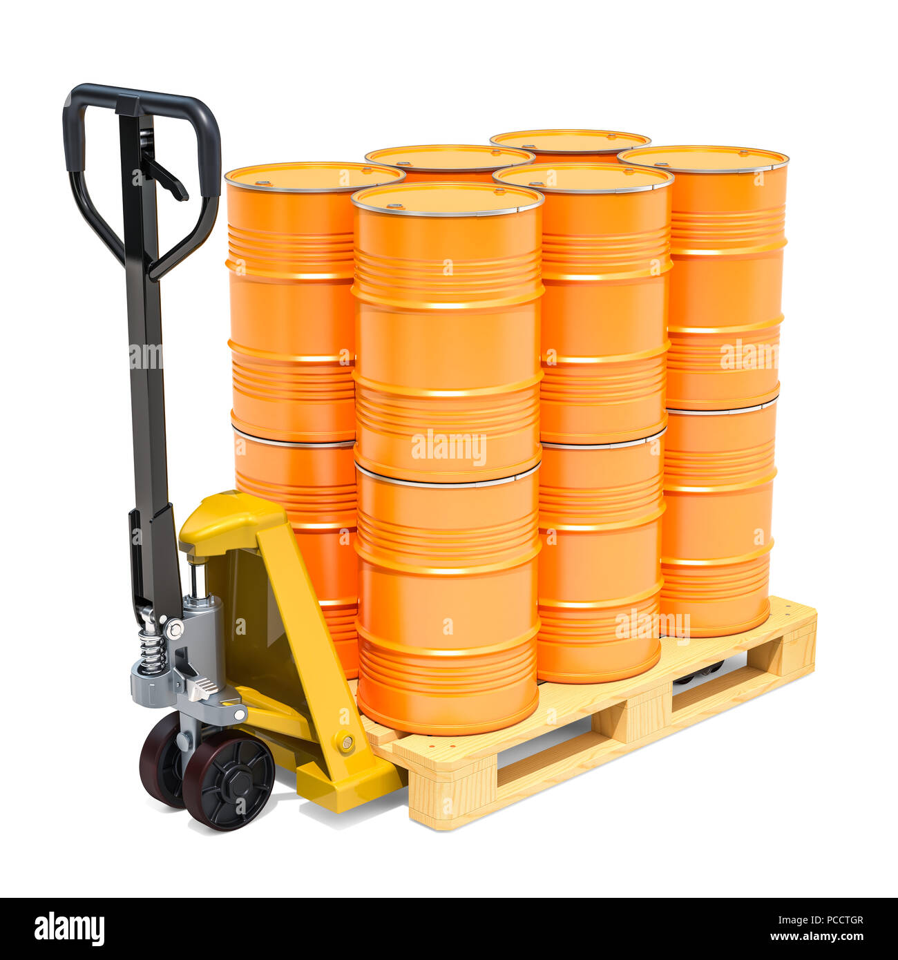 Hydraulischer Gabelhubwagen mit gelben Fässern, 3D-Rendering auf weißem Hintergrund Stockfoto
