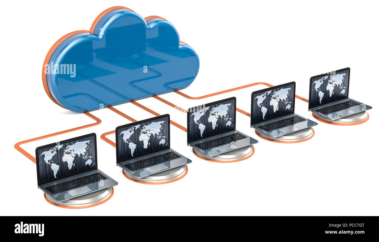 Internetverbindung Konzept. Computer cloud mit Laptops. 3D-Rendering auf weißem Hintergrund Stockfoto
