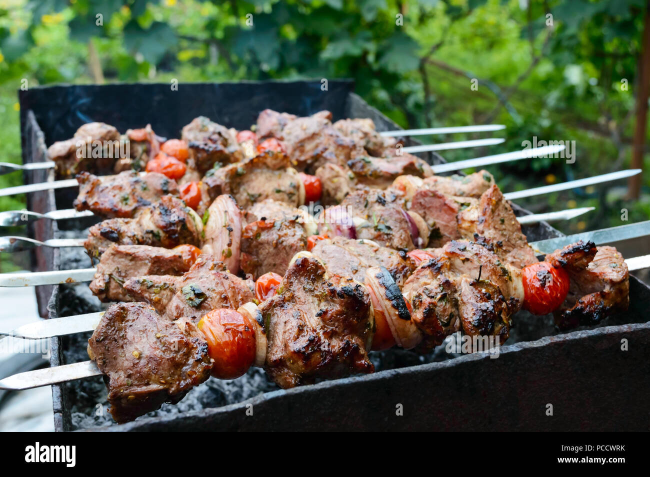 Saftige Shish Kebab aus Schweinefleisch, Tomaten am Spieß gebraten auf einem Feuer im Freien auf einem Hintergrund der Natur. Grill. Stockfoto