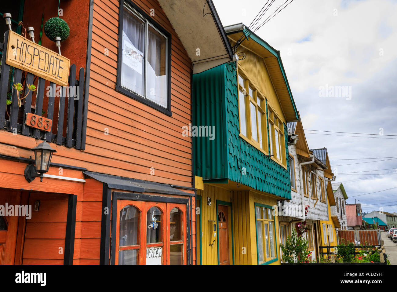 Palafitos (Pfahlbauten), tejuelas Holzschindeln, einzigartige zu Chiloe, Castro, Isla Grande de Chiloe, Chile, Südamerika Stockfoto