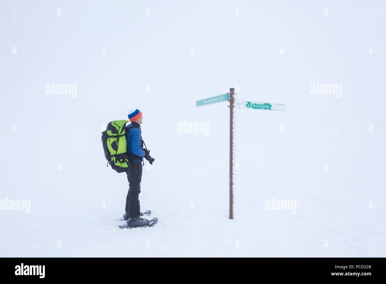 Fotograf auf Schneeschuhen, Pallas-Yllastunturi Nationalpark, Muonio, Lappland, Finnland, Europa Stockfoto