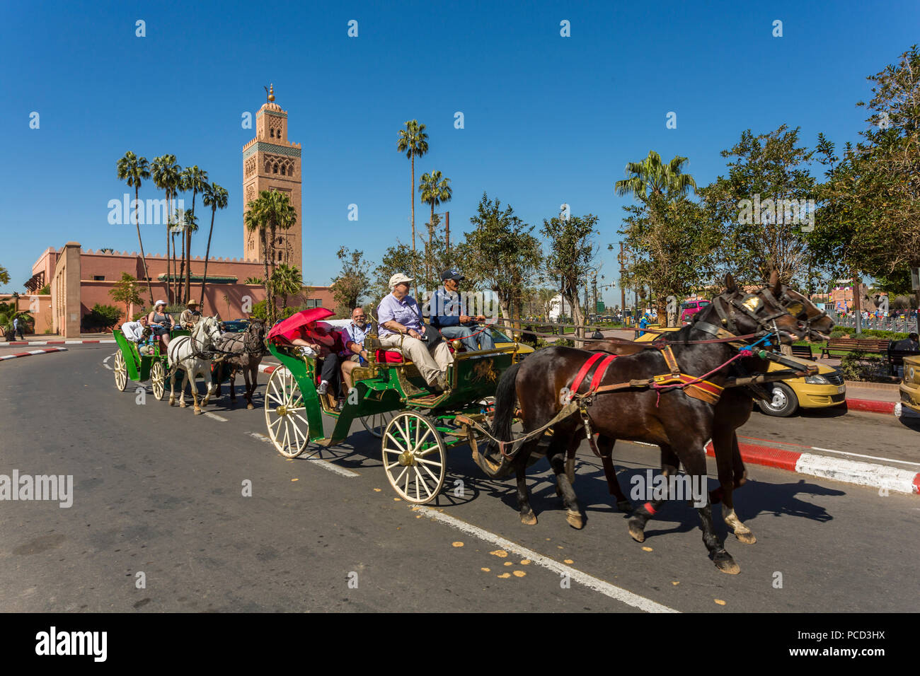 Pferde und Kutschen und Minarett der Koutoubia-Moschee aus dem 12. Jahrhundert in der Morgendämmerung, UNESCO-Weltkulturerbe, Marrakesch, Marokko, Nordafrika, Afrika Stockfoto