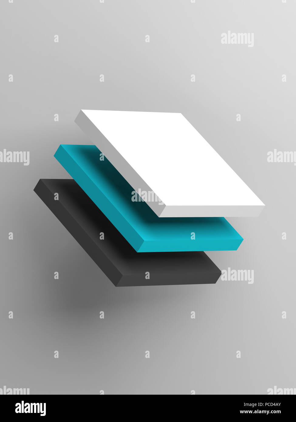 Drei Boxen. Abstrakte Objekt über grauer Hintergrund, vertikale 3d-render Abbildung Stockfoto