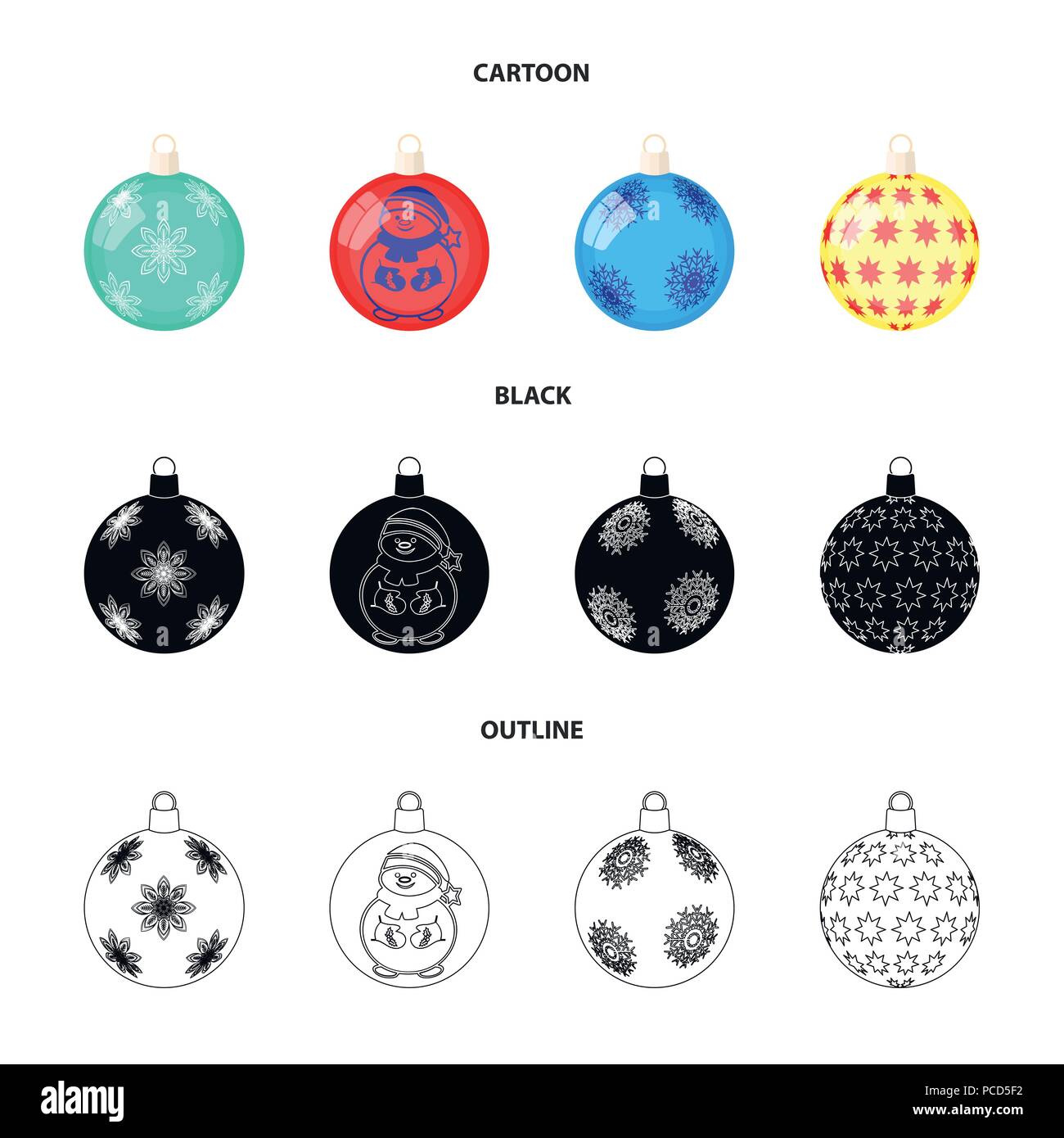 Neues Jahr Spielzeug Cartoon, schwarz, umriss Symbole im Set Sammlung für Design. Weihnachten Kugeln für eine treevector Symbol lieferbar Abbildung. Stock Vektor