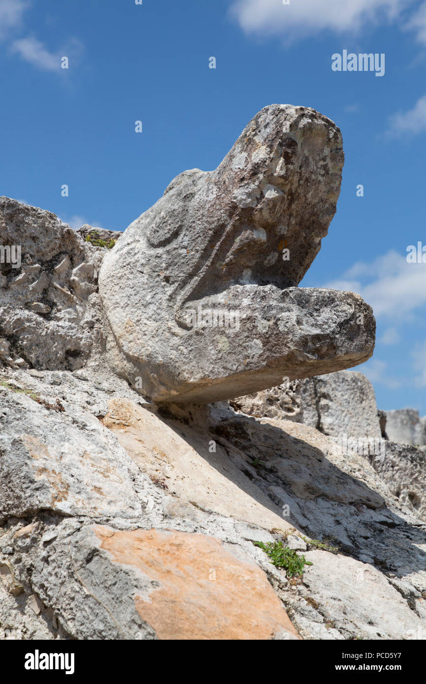 Schlange den Kopf, der Tempel der Krieger, Maya Ruinen, Mayapan Archäologische Stätte, Yucatan, Mexiko, Nordamerika Stockfoto
