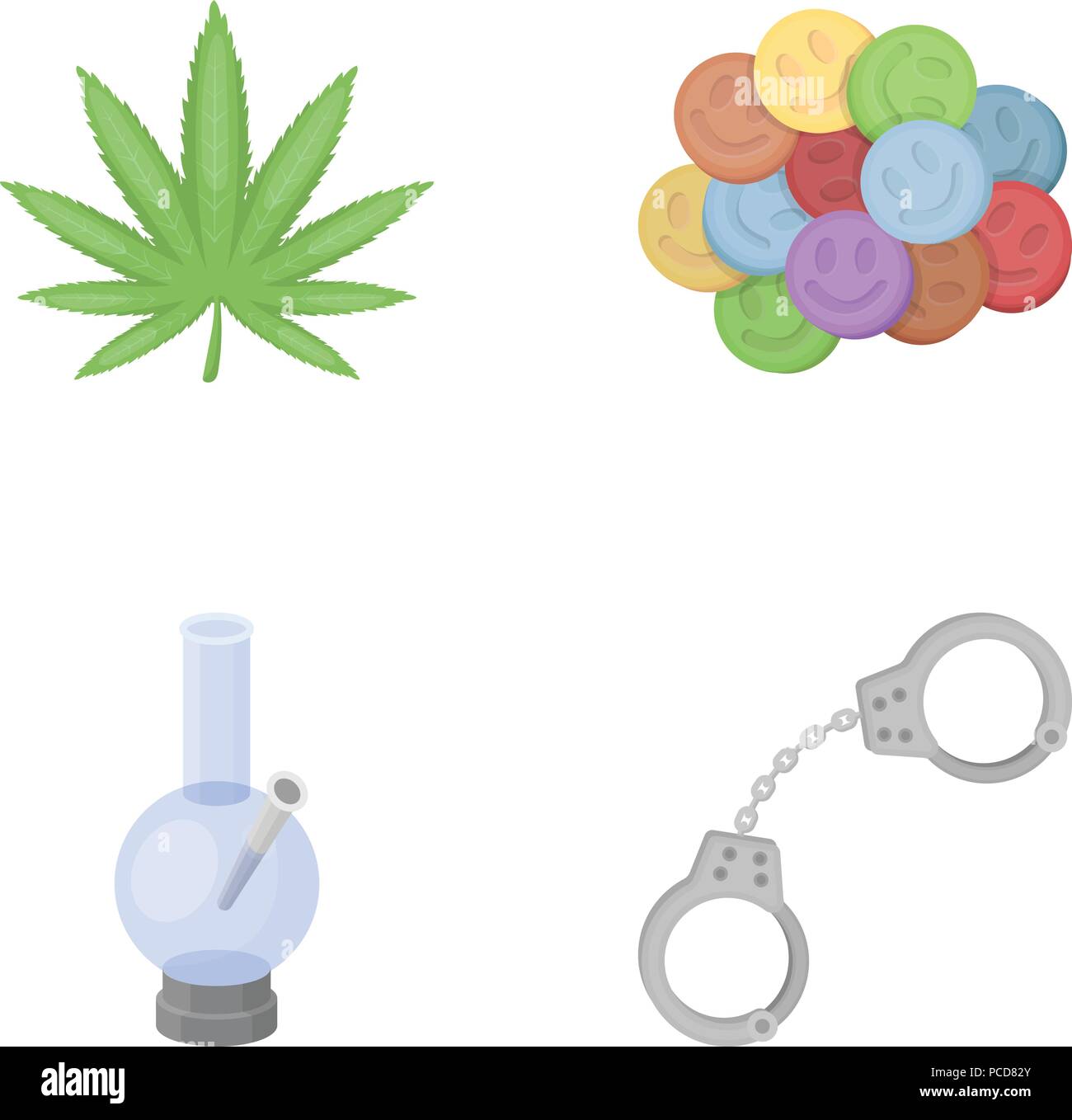 Hanfblatt, Ecstasy Pille, Handschellen, Bong. Droge Sammlung Icons im  Comic-stil Vektor Symbol lieferbar Abbildung Stock-Vektorgrafik - Alamy