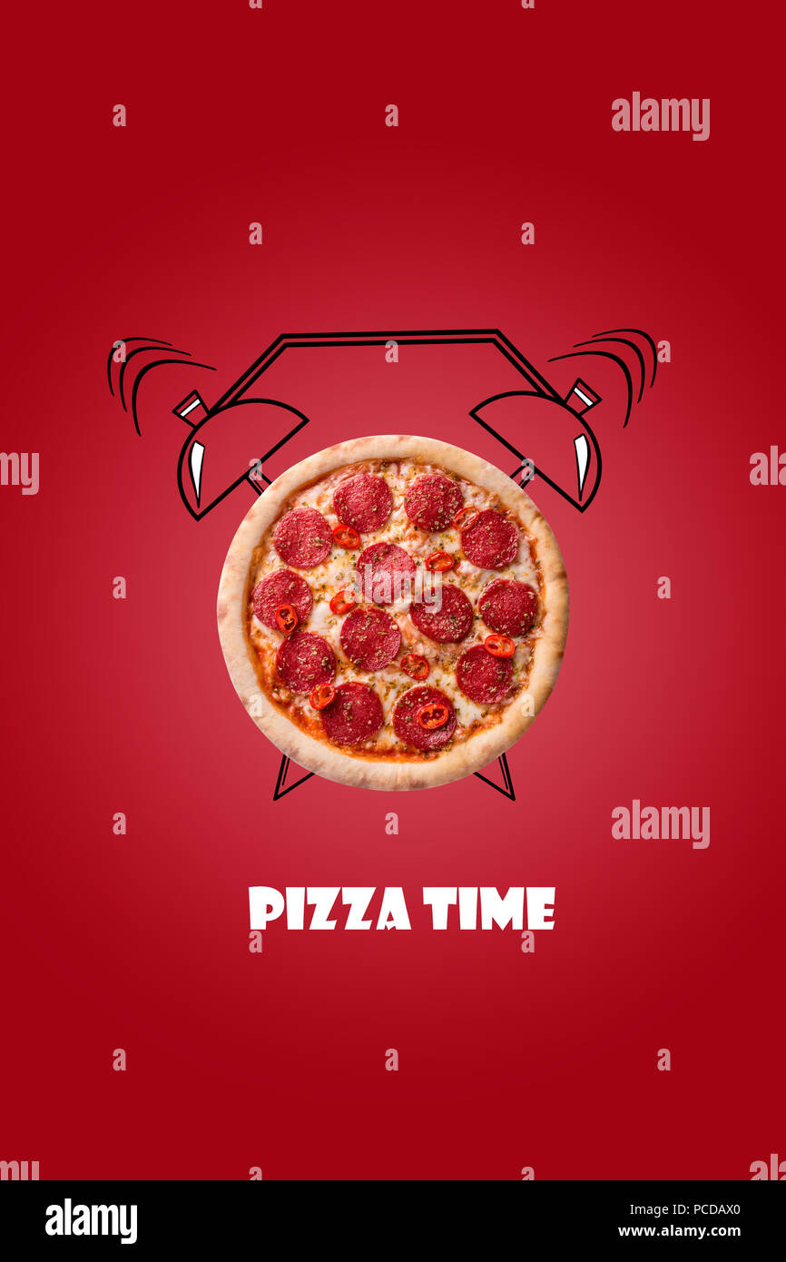 Pizza und Wecker hand Abbildung auf roten Hintergrund dargestellt. Die  Inschrift Pizza. Kreatives Design für Menü, Cafe, Restaurant  Stockfotografie - Alamy
