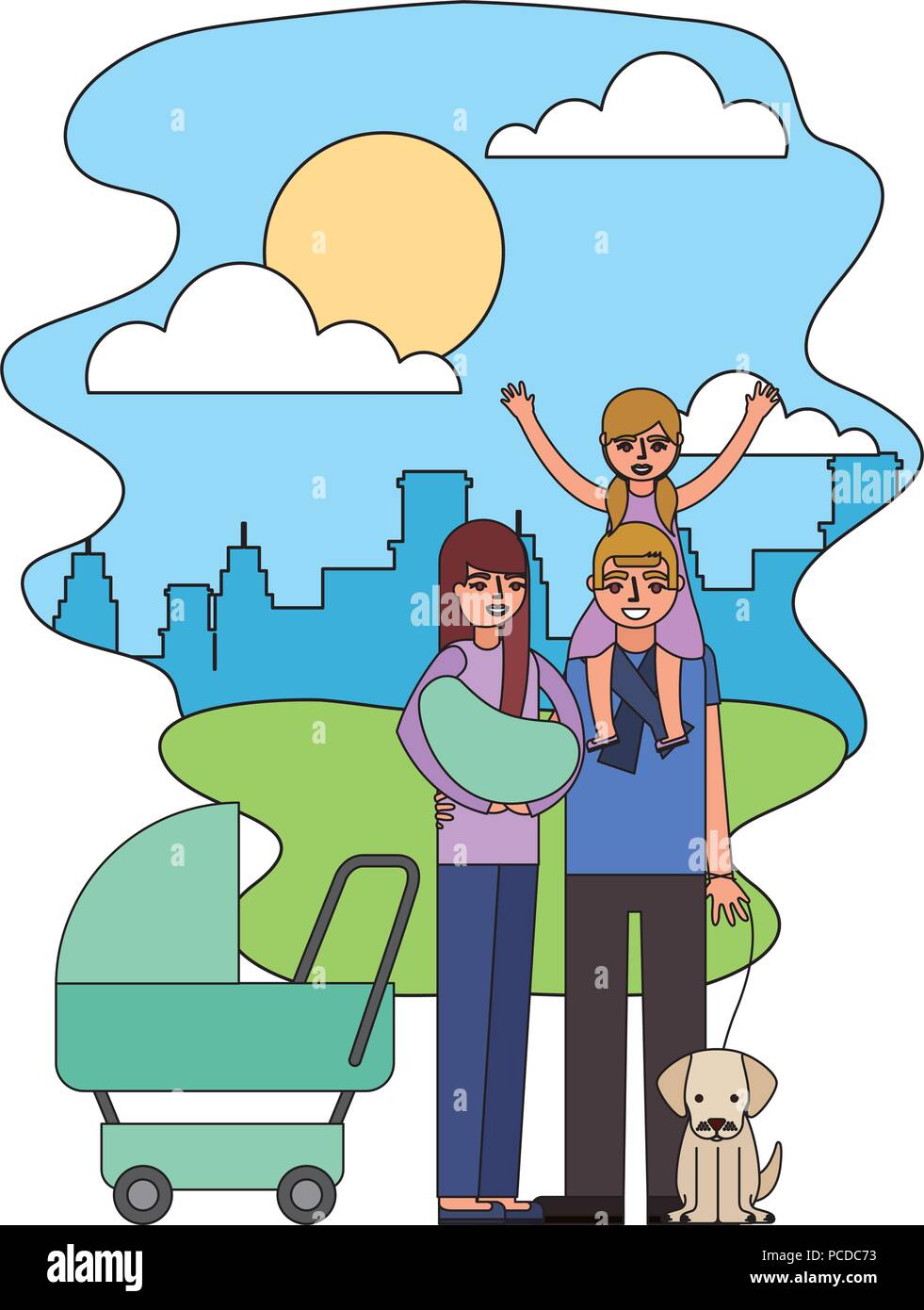 Vater Tochter und Mutter mit Baby und Hund im Park Vector Illustration Stock Vektor