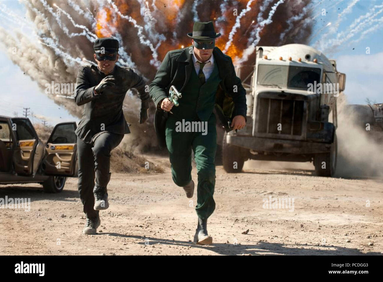 Die GRÜN HORNET 2011 Columbia Pictures Film mit Jay Chou als Kato links und Seth Rogen als The Green Hornet Stockfoto