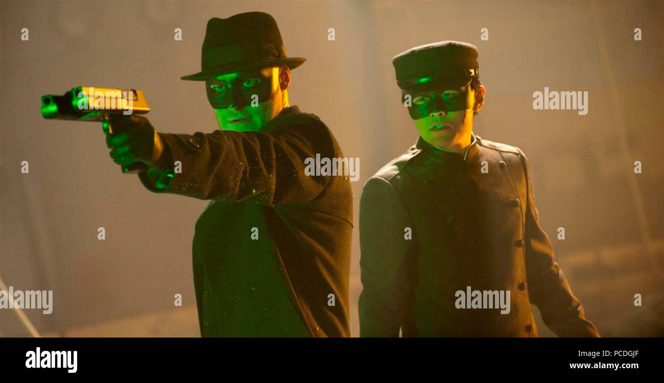 Die GRÜN HORNET 2011 Columbia Pictures Film mit Jay Chou als Kato rechts und Seth Rogen als The Green Hornet Stockfoto