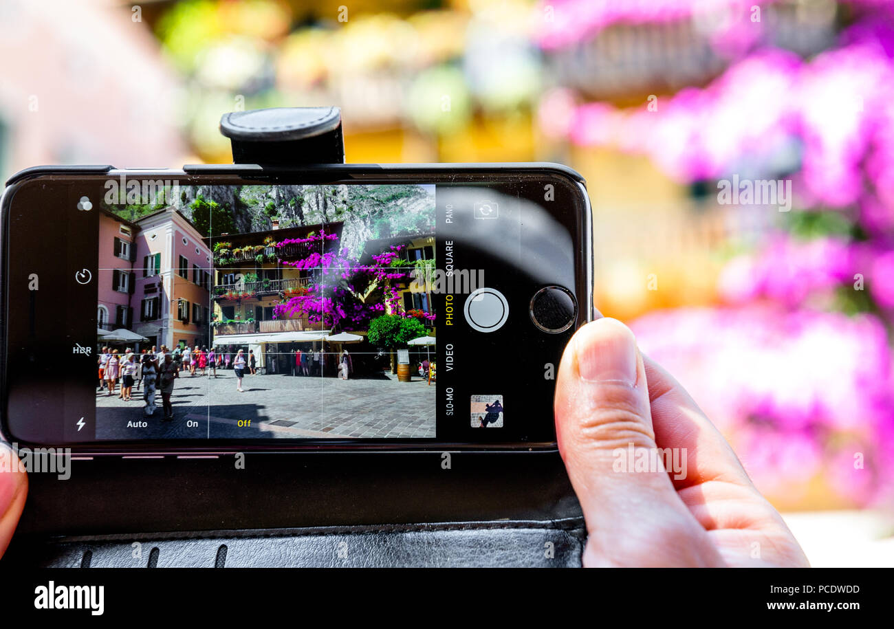 Lila hängenden Blüten von Balkonen in Limone, Italien mit einem iphone. Stockfoto