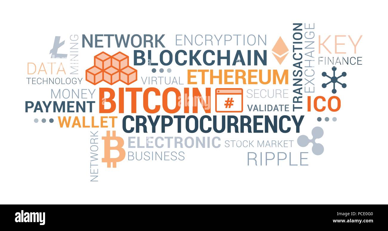 Cryptocurrencies, blockchain und bitcoin Tag Cloud mit Konzepte und Symbole Stock Vektor