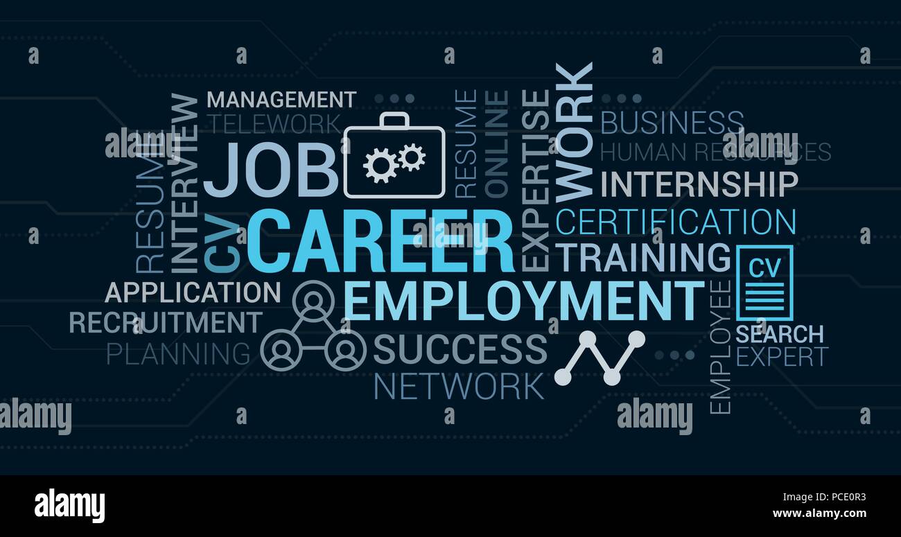 Job, Beschäftigung und Karriere tag cloud mit Wörter, Symbole und Konzepte Stock Vektor