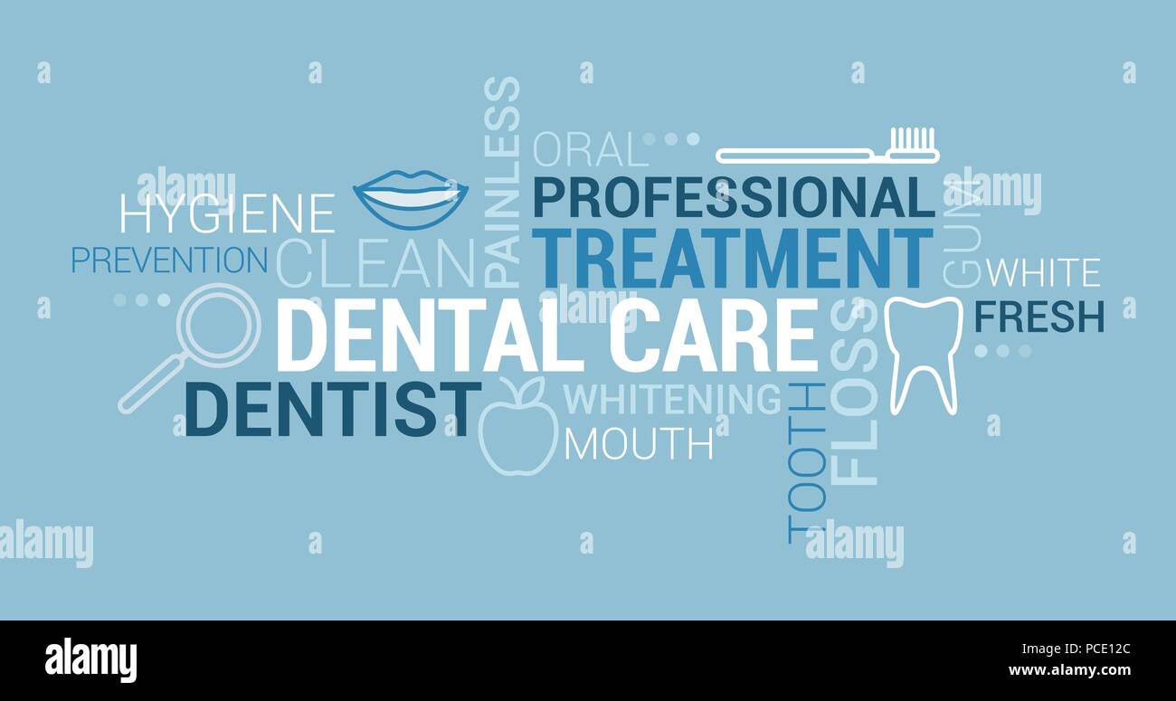 Zahnpflege, Kieferorthopädie und Hygiene tag cloud mit Symbole und Konzepte Stock Vektor