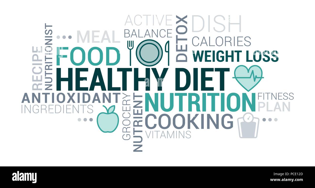 Gesunde Ernährung, Ernährung und Diät tag cloud mit Symbole und Konzepte Stock Vektor