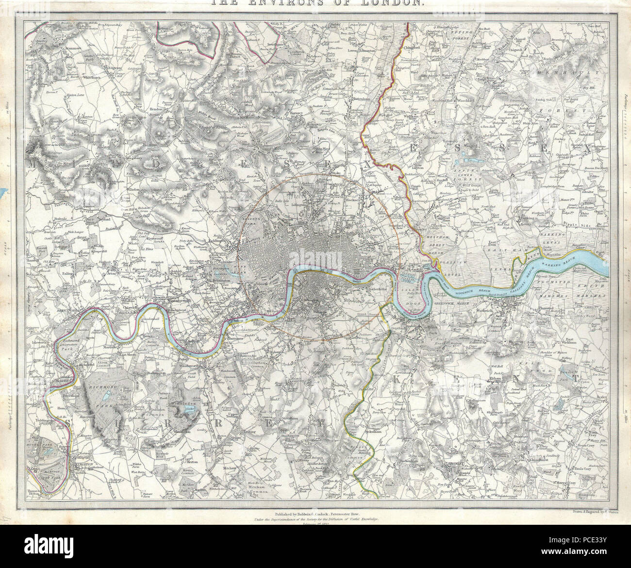 7 1832 S.D.U.K. Karte von London und Umgebung, England - Geographicus - LondonEnvirons - SDUK-1832 Stockfoto