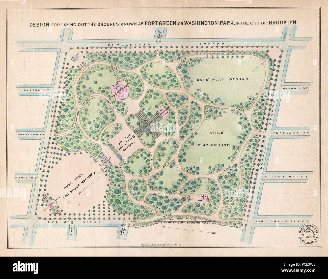 9 1868 Vaux und Olmstead Karte von Fort Greene Park, Brooklyn, New York - Geographicus - FortGreenPark - Bischof -1868 Stockfoto