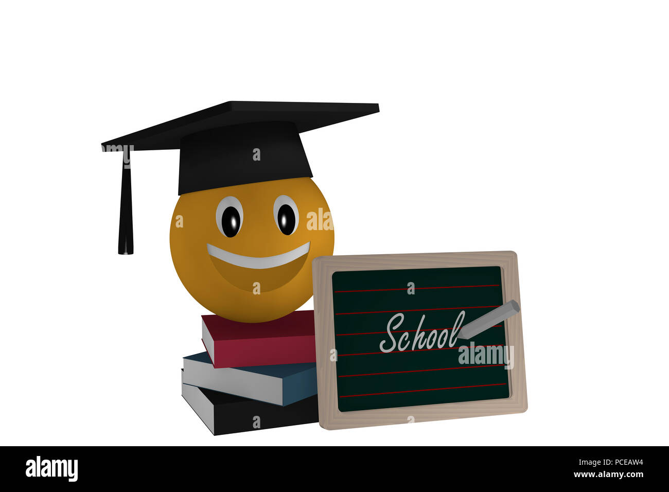 Schiefer mit dem Text der Schule, einen Stapel Bücher und ein emoticon mit highshool hat. 3D-Rendering Stockfoto