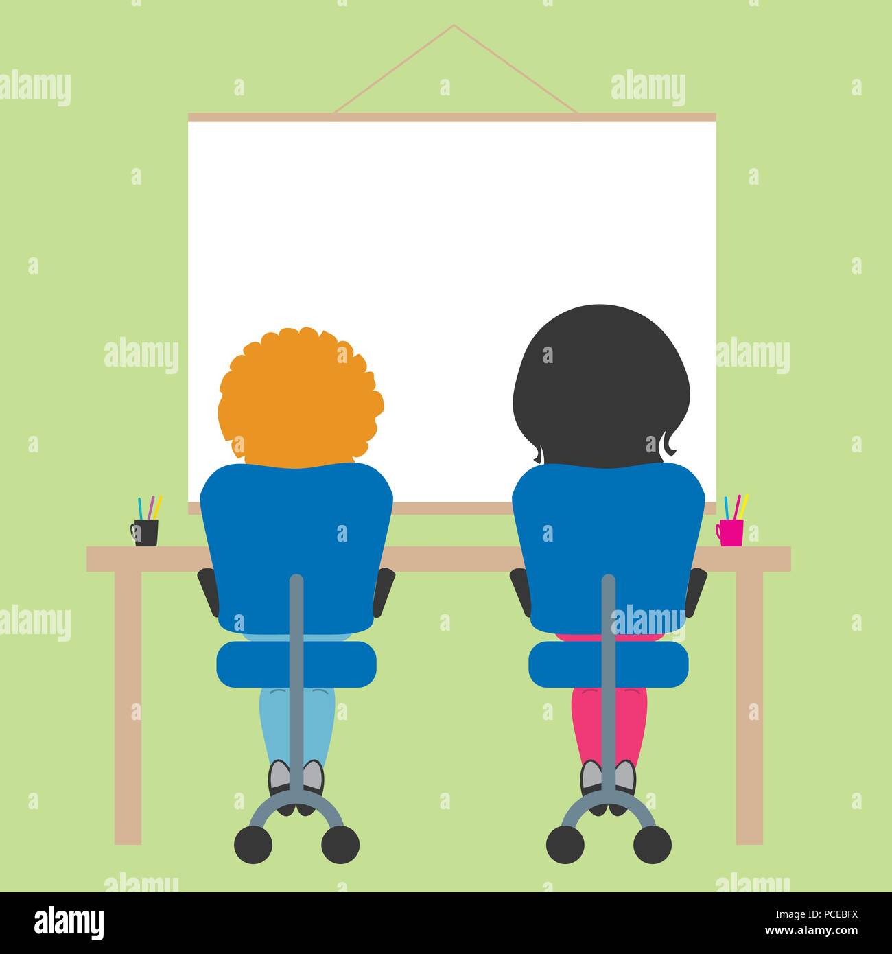 Zwei Schüler sitzen auf Stuhl in der Schule Klassenzimmer mit grünen Wand und Whiteboard mit Platz für Text-Vektor Stock Vektor