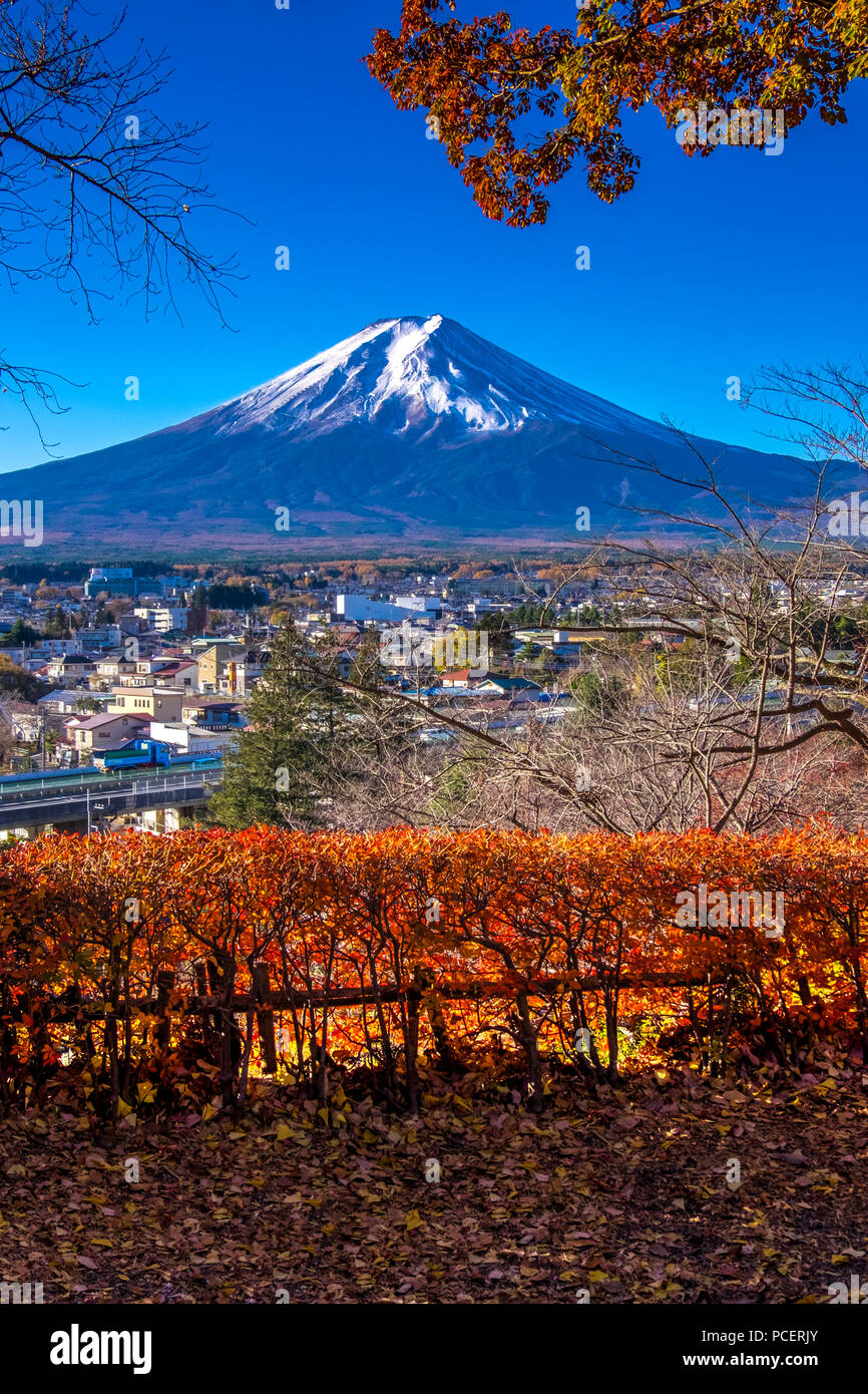 Die schneebedeckten Mount Fuji (Fujisan, 富士山) und Chureito Pagode (忠霊塔) im Herbst Jahreszeit an Arakura Yama Sengen - koen Park, Fujiyoshida, Chubu Region, Ja Stockfoto