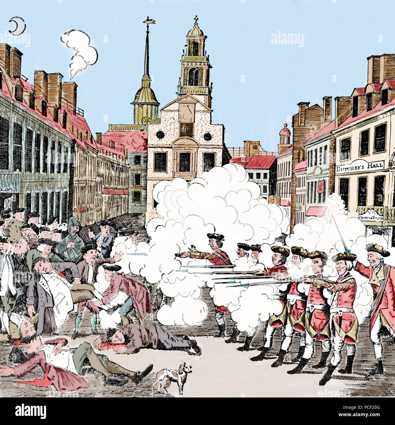Die Boston Massaker. März 5, 1770. Teil der amerikanischen Revolution. Farbe Gravur. 18. Stockfoto