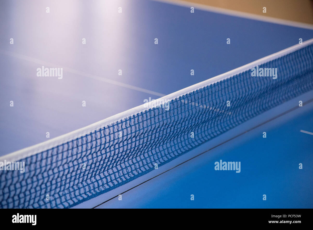 Blauer Tisch tennis und ein Gewebe Netzwerk gestreckt Stockfoto