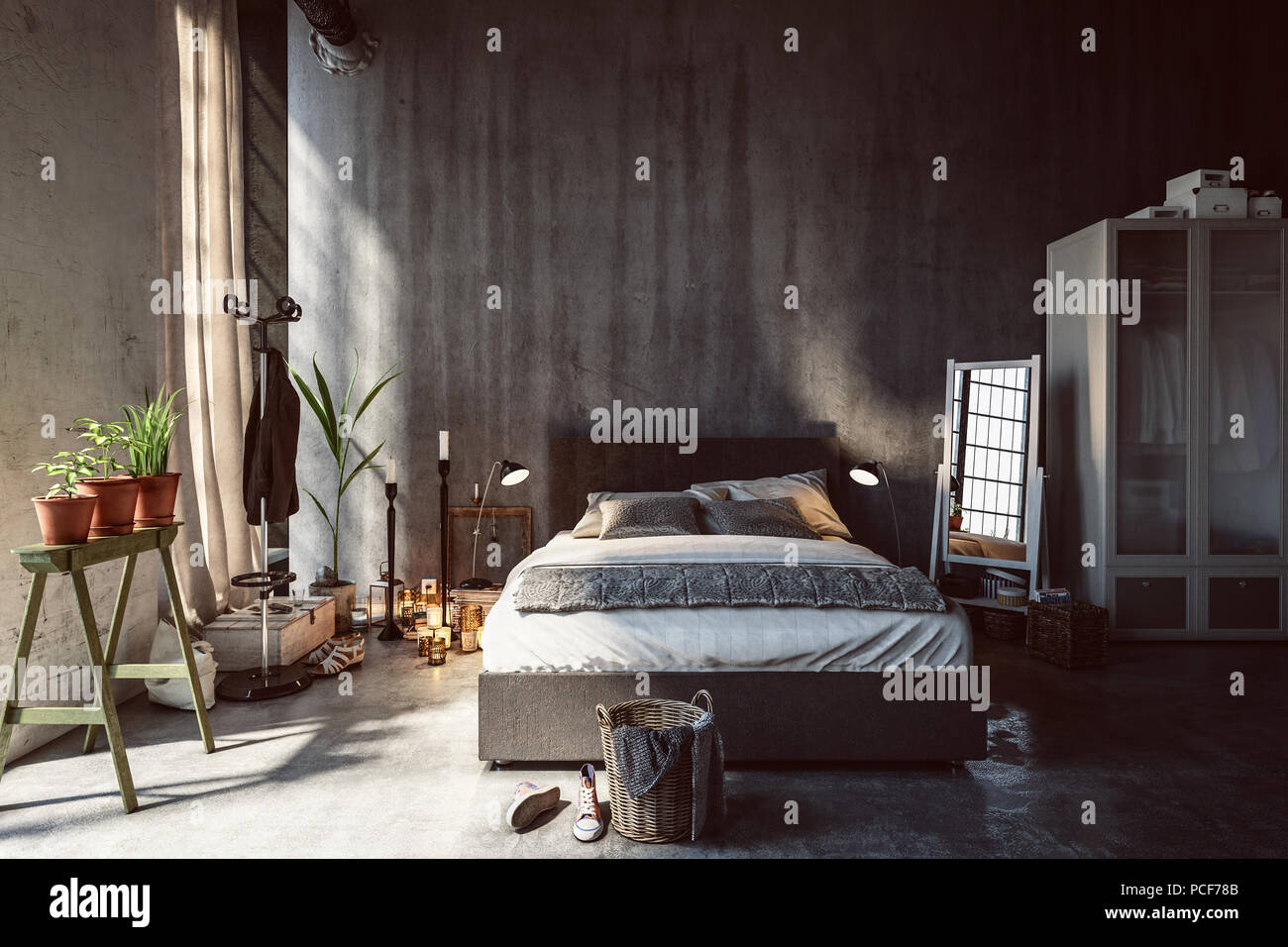 Gemutliche Schlafzimmer Innenraum In Einem Umgebauten Industrielle Dachgeschoss Mit Grunen Topfpflanzen Vor Hohen Fenstern In Einer Standigen Spiegel Reflektiert Neben Der Stockfotografie Alamy