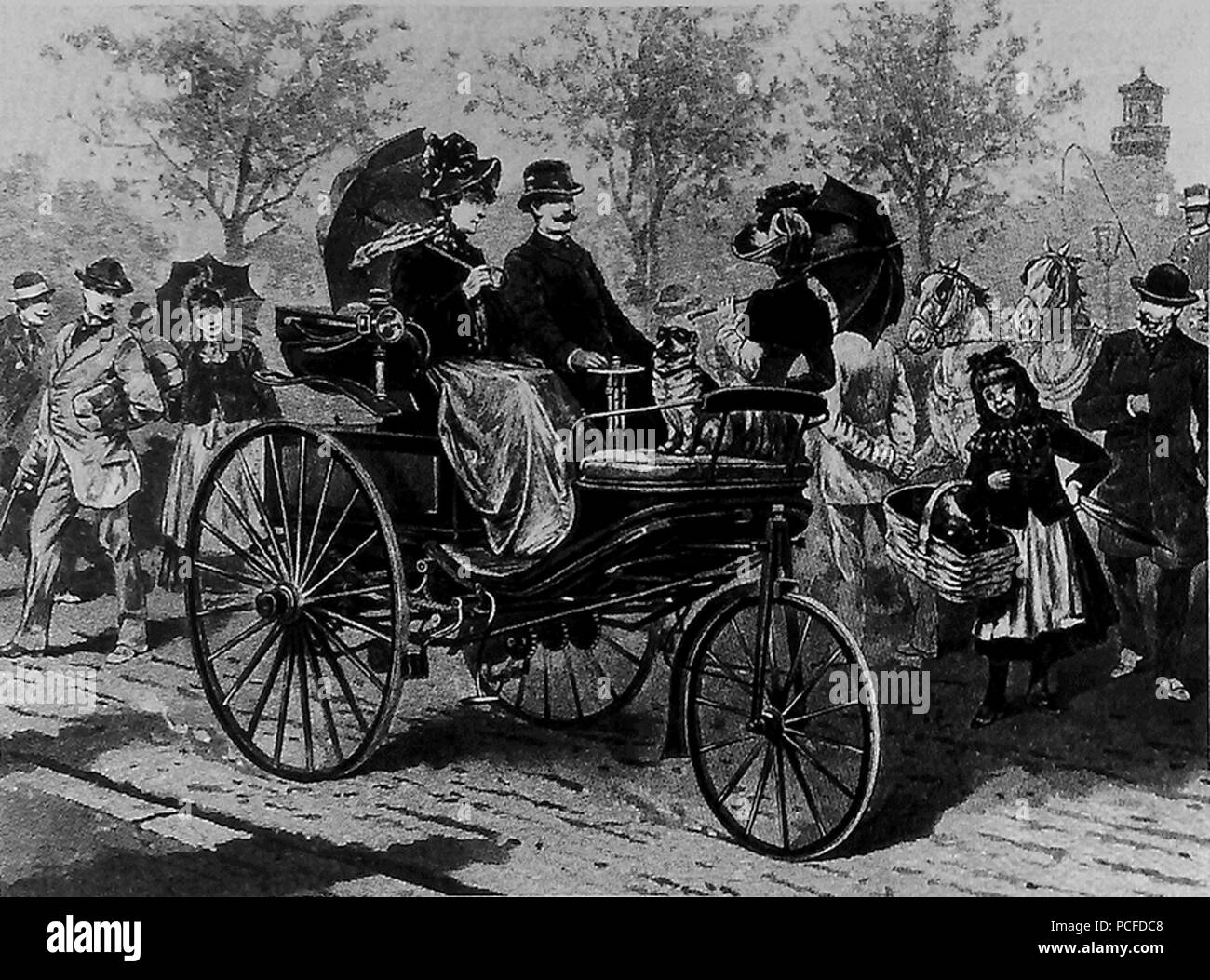 80 Benz-Patent-Motorwagen-mit-Carl-Benz Stockfoto